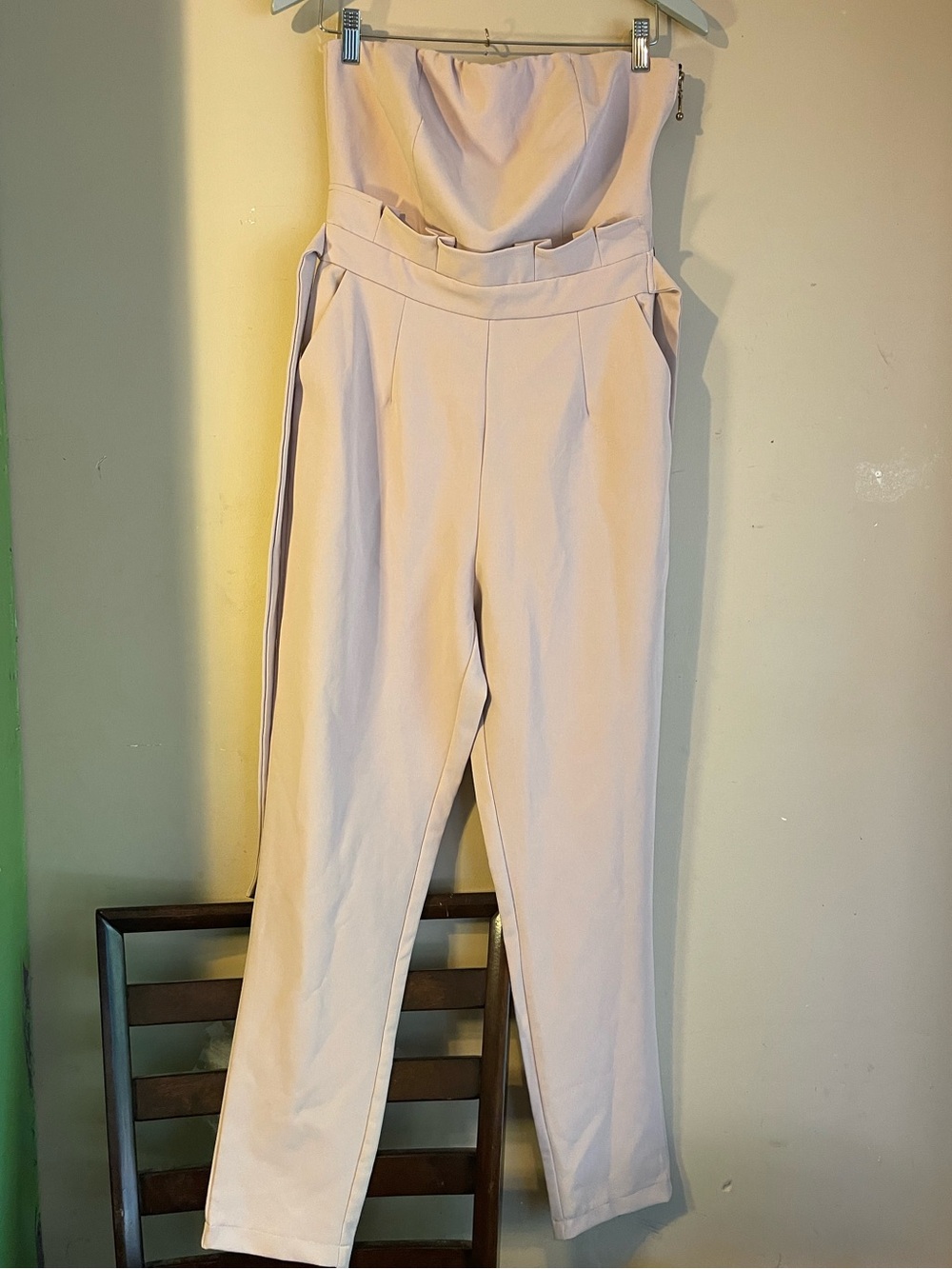 Missguided Blush Pink Strapless Paperbag Waist Belted Jumpsuit US 8